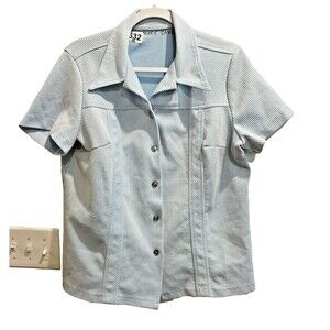 Vtg 70s Women Blue White Blouse L Top Stripes Button Up Collared Short Sleeve